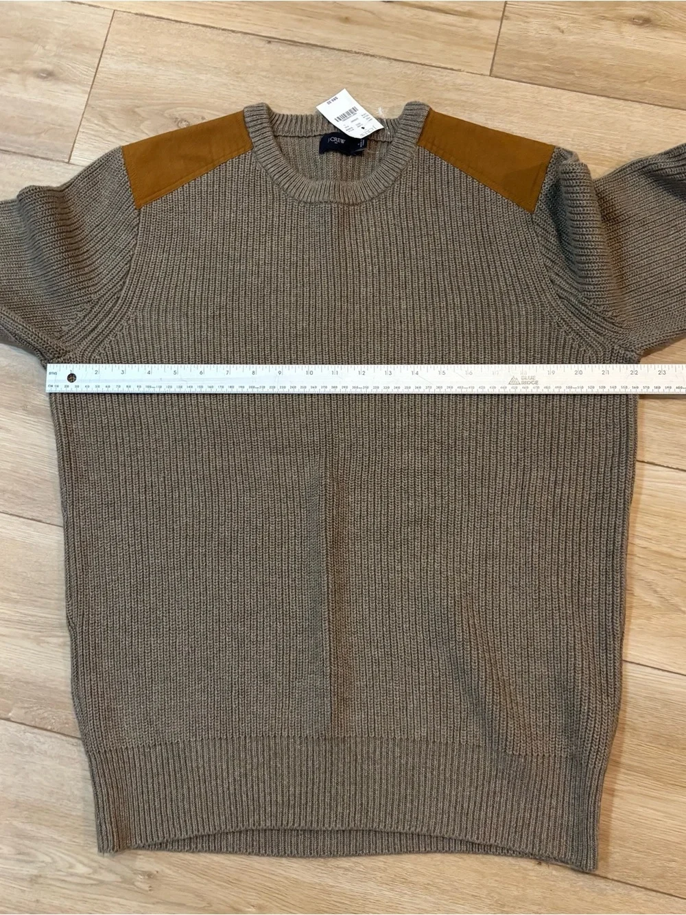 J.Crew Woodsman Sweater Leather Shoulder Patches Cotton Heather Fawn Large L NWT
